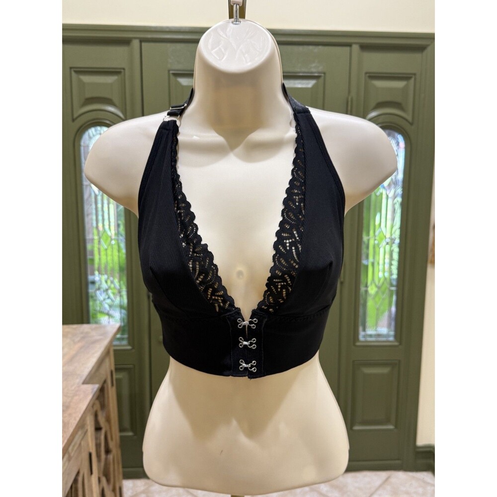 Black Halter Lace Bralette – Deep V-Neck – Size Small